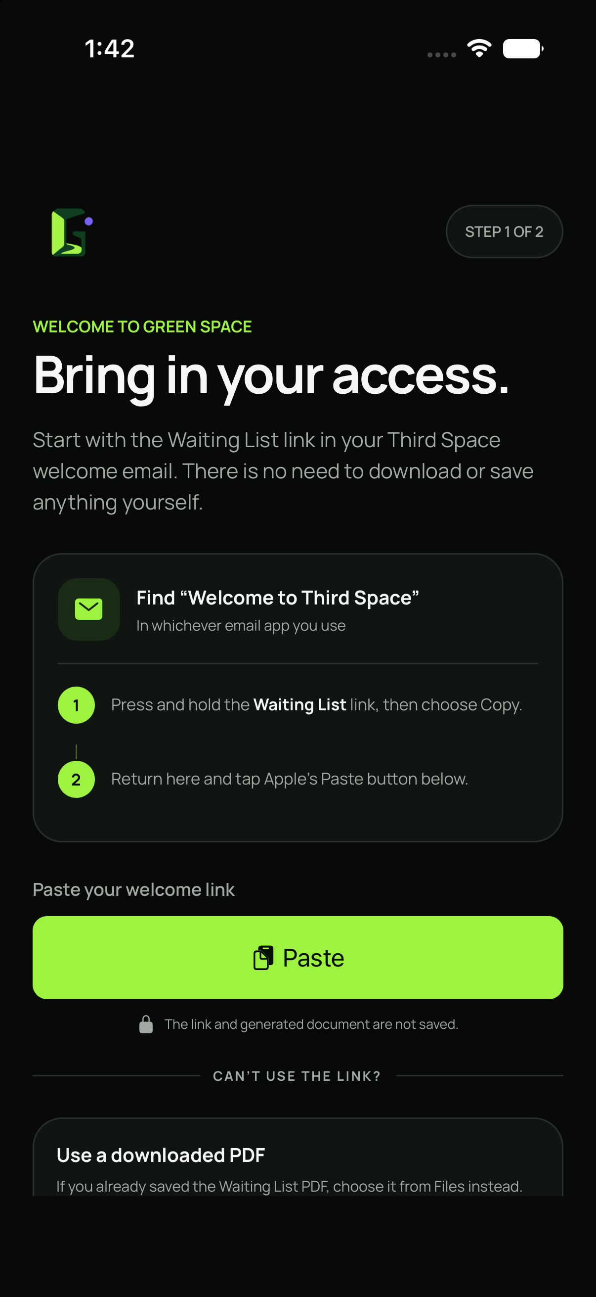 Green Space welcome-link onboarding screen